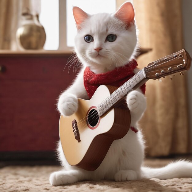 Um gato bonito a tocar guitarra.