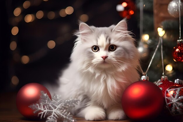 Foto um gato bonito brincando com ornamentos em uma pequena árvore de natal ights bokeh fundo desfocado ai gerar