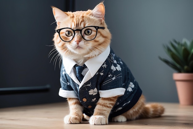 um gato bonito com óculos e roupas