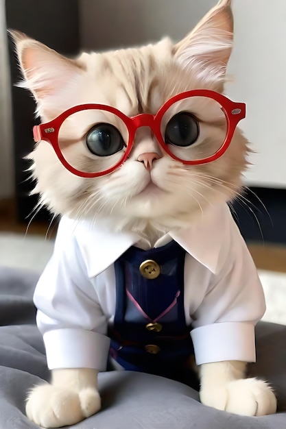 Um gato bonito com óculos e roupas.