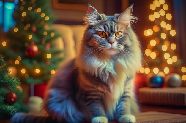 Um gato bonito com presentes de Natal num interior festivo