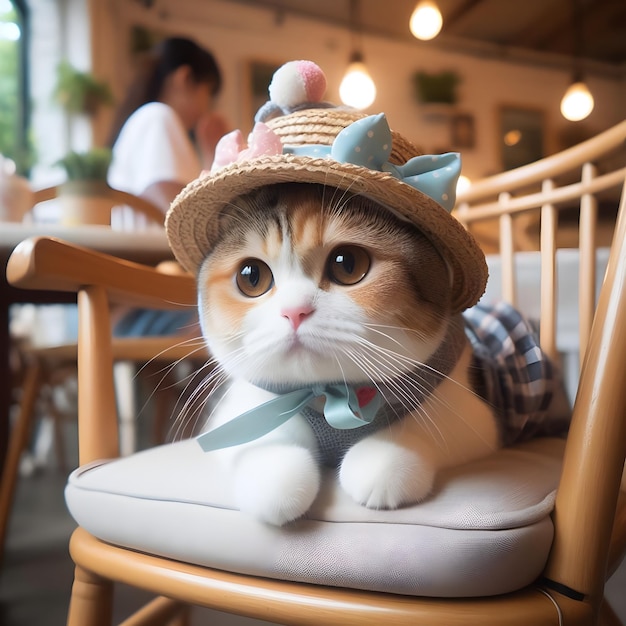 Foto um gato bonito com um chapéu está sentado em uma cadeira ai gerar