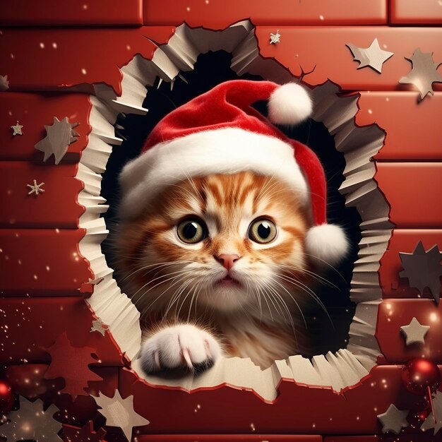 Um gato bonito com um chapéu vermelho olha através de um buraco de papel tema de Natal daz3d estilo atmosfera festiva