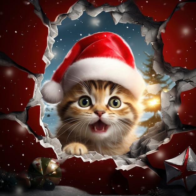 Um gato bonito com um chapéu vermelho olha através de um buraco de papel tema de Natal daz3d estilo atmosfera festiva