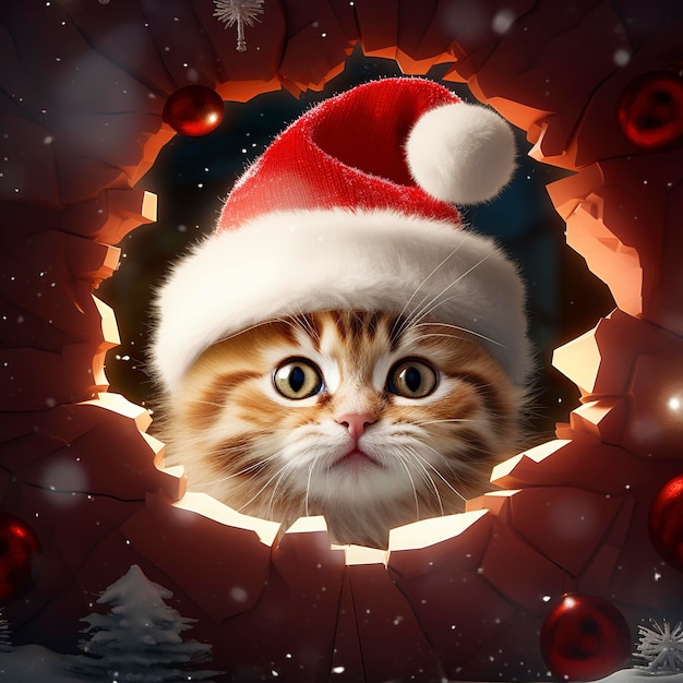 Um gato bonito com um chapéu vermelho olha através de um buraco de papel tema de Natal daz3d estilo atmosfera festiva