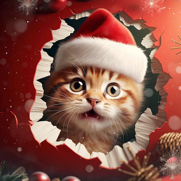 Um gato bonito com um chapéu vermelho olha através de um buraco de papel tema de Natal daz3d estilo atmosfera festiva