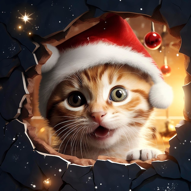 Um gato bonito com um chapéu vermelho olha através de um buraco de papel tema de Natal daz3d estilo atmosfera festiva