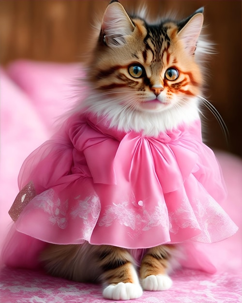 Foto um gato bonito com um vestido rosa.