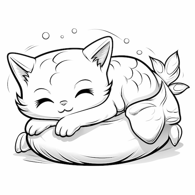 Um gato bonito dormindo em uma almofada em forma de peixe desenho animado para crianças