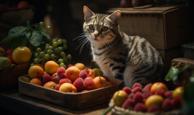 Um gato bonito e adorável de nariz branco sentado ao lado de uma cesta de frutas.