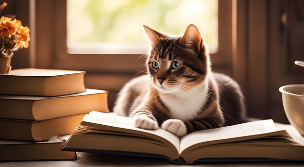 Um gato bonito e fofinho está ao lado dos livros.