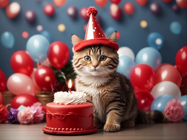 um gato bonito em um chapéu vermelho com balões de aniversário no fundo