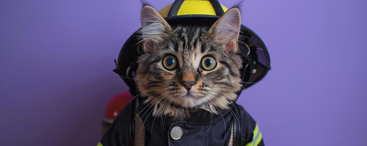 Foto um gato bonito em um uniforme de bombeiro em um fundo roxo