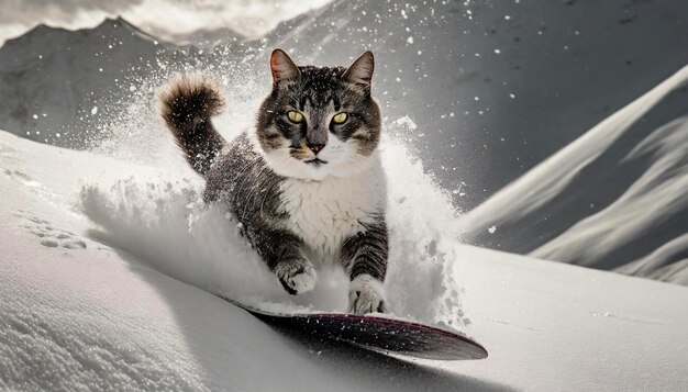 Foto um gato bonito está fazendo snowboard nas montanhas nevadas.