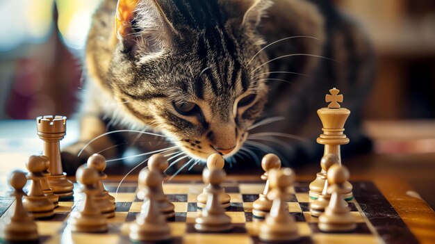 Foto um gato bonito está jogando xadrez o gato está sentado em um tabuleiro de xadrez e olhando para as peças o gato está muito concentrado no jogo