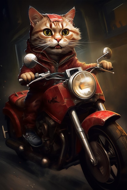 um gato bonito montando uma moto vermelha