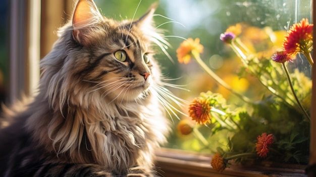 um gato bonito sentado em uma janela ensolarada