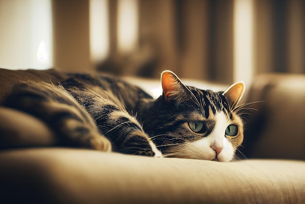 Um gato bonito triste sentado no sofá. Close-up vista do gatinho na frente. Um retrato de um gato adorável