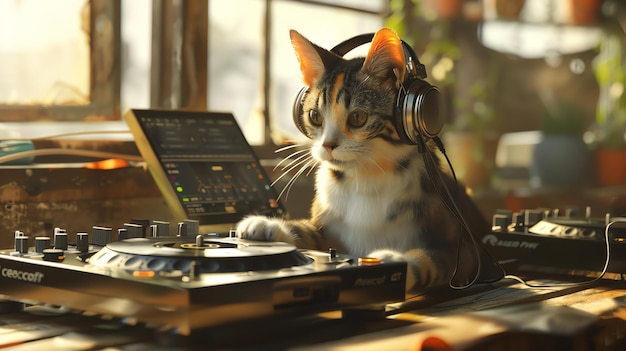 Foto um gato bonito usando fones de ouvido está sentado em uma mesa giratória de dj o gato está olhando para a câmera com uma pata na mesa giratária