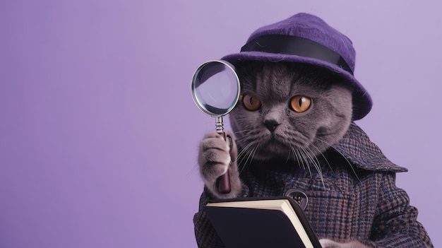 Foto um gato bonito vestindo um chapéu e casaco está segurando uma lupa e olhando para um livro