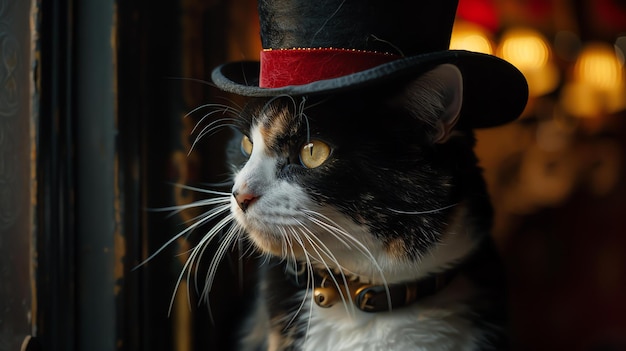 Um gato bonito vestindo um chapéu está olhando pela janela o gato está sentado em uma janela e olhando para o mundo abaixo