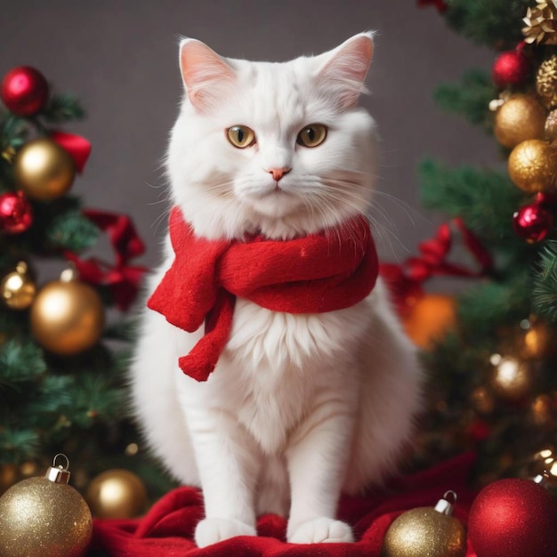 Um gato branco adornado com um lenço vermelho festivo e cercado por decorações de Natal