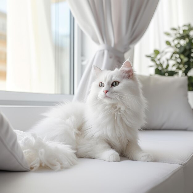 Um gato branco bonito no parapeito da janela.