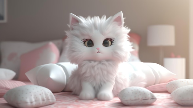 Um gato branco com cílios longos está sentado em uma cama.