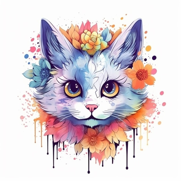 um gato branco com flores na cabeça e uma coroa de flores generativa ai