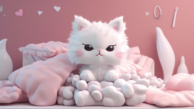Um gato branco com nariz preto está sentado em uma cama rosa com corações na parede.