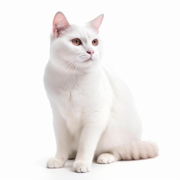 Um gato branco com nariz rosa senta-se em frente a um fundo branco.