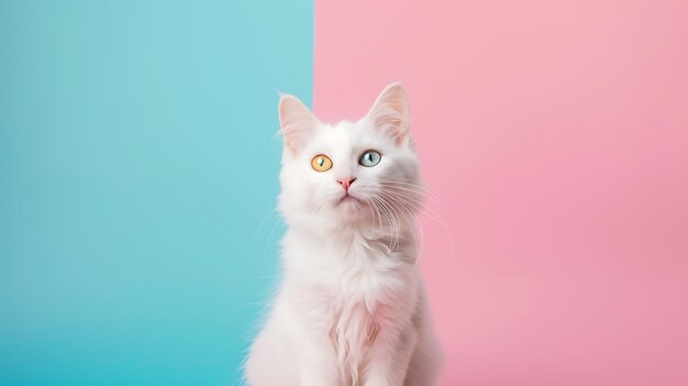 Um gato branco com olhos azuis e um fundo rosa