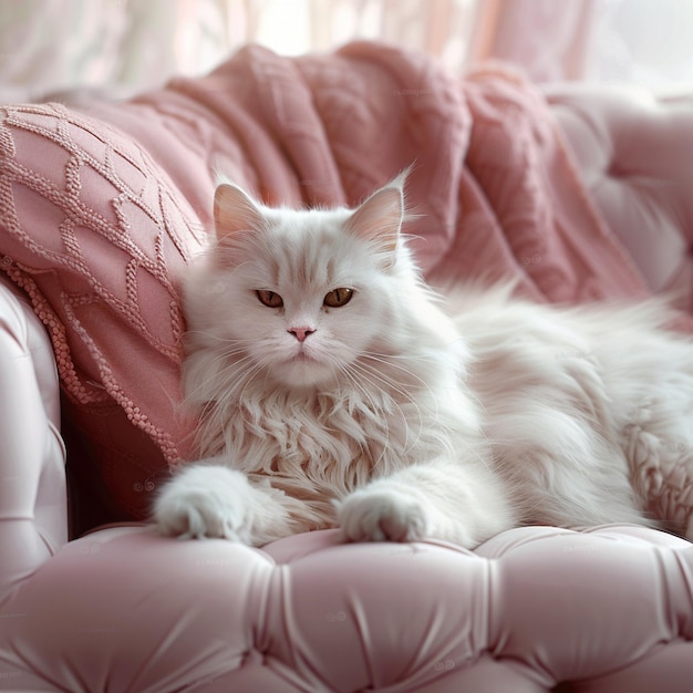 Foto um gato branco com olhos verdes deitado em uma cadeira rosa