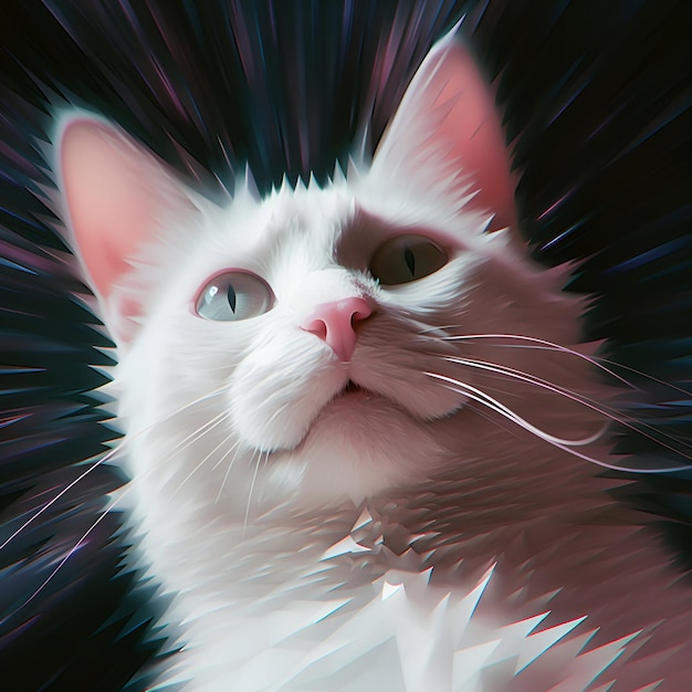 um gato branco com olhos verdes e uma faixa rosa de luz