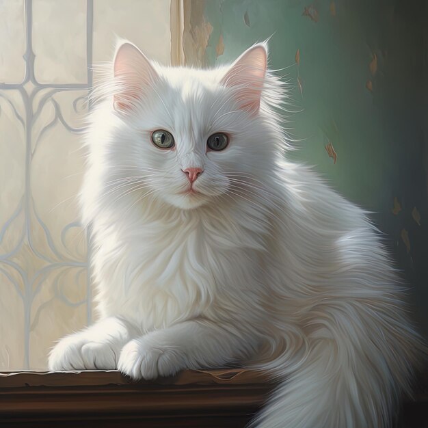 um gato branco com olhos verdes senta-se no peitoral da janela