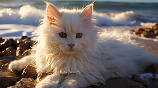 Um gato branco com orelhas rosa e nariz rosa