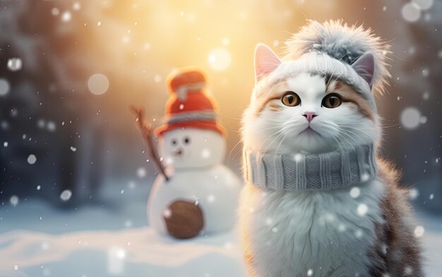 um gato branco com um chapéu e um homem de neve nele