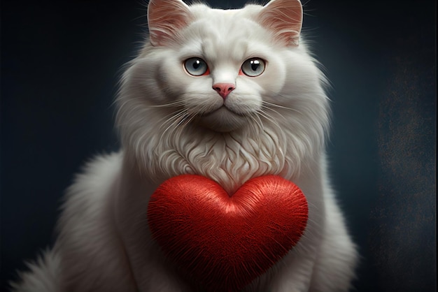 Um gato branco com um coração vermelho no peito.