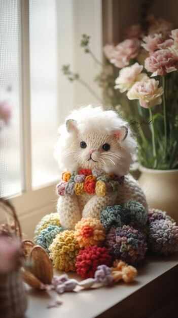 Um gato branco com um lenço está sentado em uma cesta de flores.