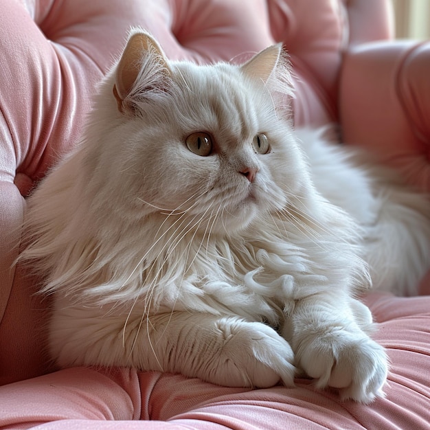 Foto um gato branco com um nariz branco e um nariz rosa está deitado em um sofá rosa