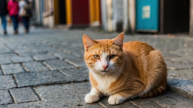 Foto um gato branco com uma coleira sentado em uma rua de paralelepípedos