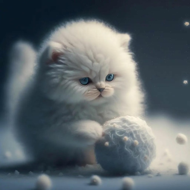 Um gato branco de olhos azuis brincando com uma bola de neve.