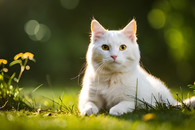 Um gato branco deitado na grama com uma flor de dente-de-leão ao fundo.