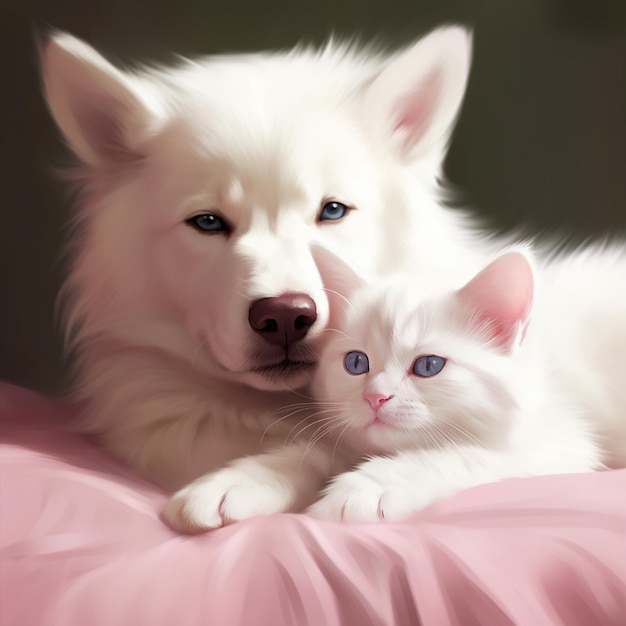 um gato branco e um gatinho deitado em uma superfície rosa.