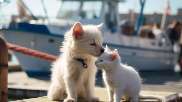 Um gato branco e um gato branco em uma doca