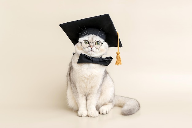 Um gato branco engraçado em um chapéu de graduados e óculos sentados em um fundo bege