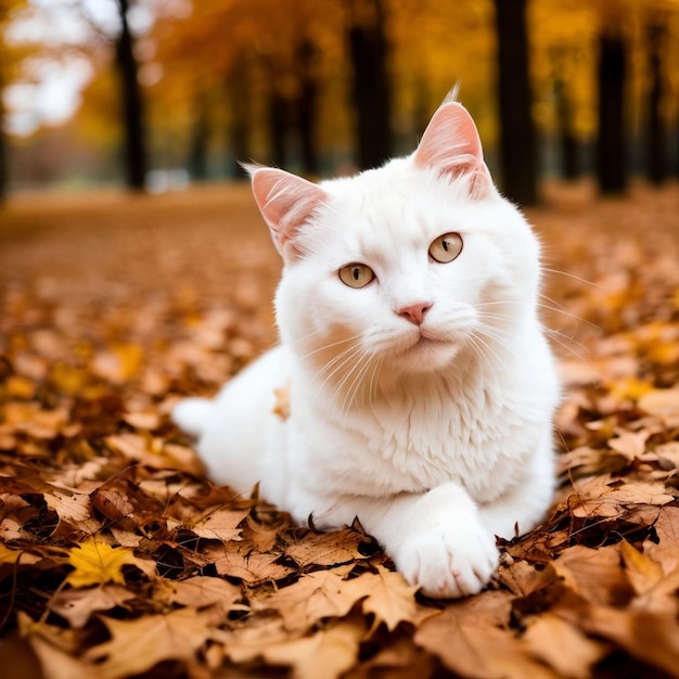 Um gato branco está deitado no chão com folhas ao fundo.