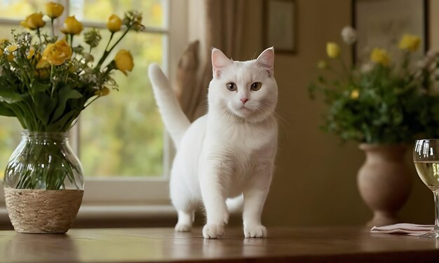 um gato branco está em uma mesa ao lado de um vaso de flores