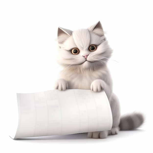 Um gato branco está segurando um rolo de papel