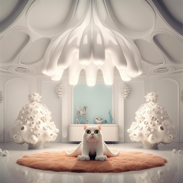Foto um gato branco está sentado em um tapete redondo em uma sala com teto branco e teto branco.
